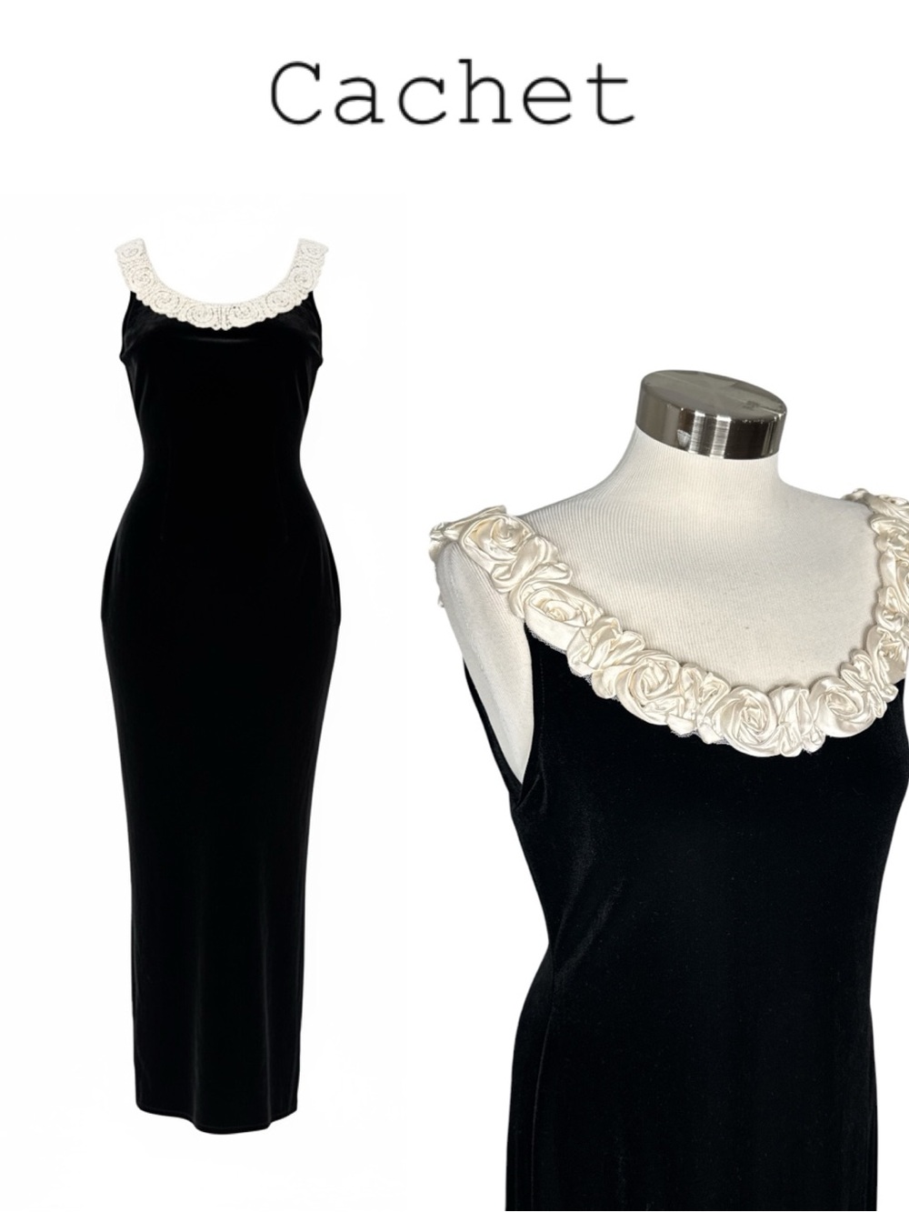 VINTAGE CACHET BLACK VELVET IVORY ROSETTE TRIM NECKLINE FORMAL GOWN NWT SIZE 10